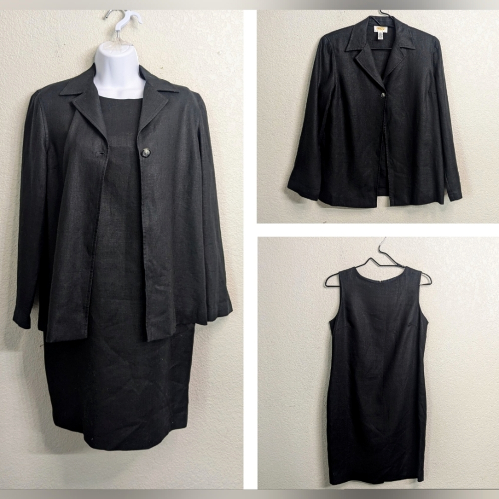 Talbots 100% Linen Black 2 Pc One Button Blazer And Sheath Dress Suit Career 6P